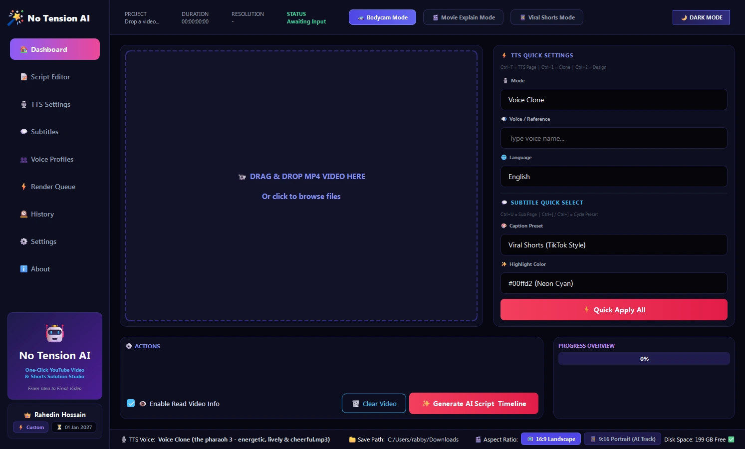 No Tension AI Studio Dashboard Interface