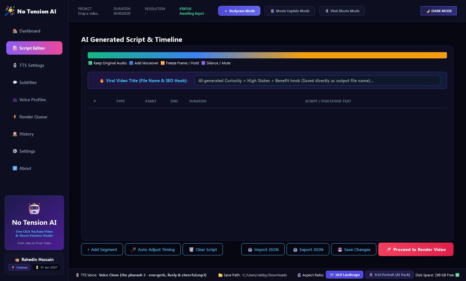 No Tension AI Script Studio Editor Interface