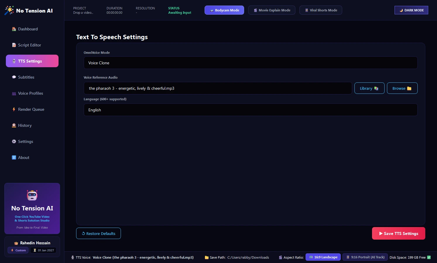 No Tension AI TTS Studio with Pitch, Speed, and Emotion Sliders